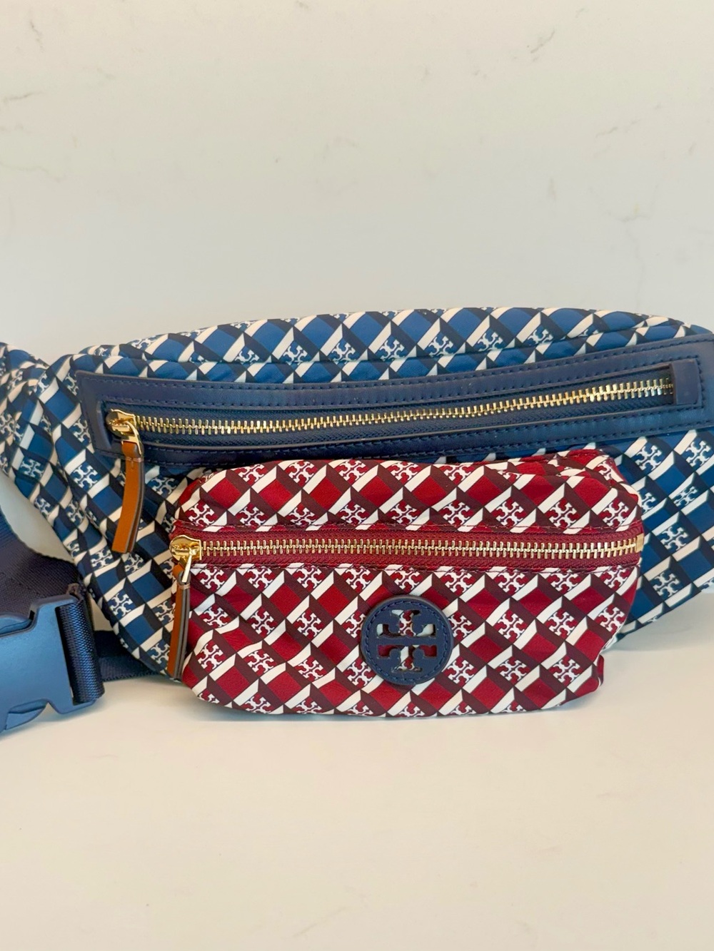 Tory Burch Convertible Crossbody Nylon Belt Bag - Dark Red & Navy Blue